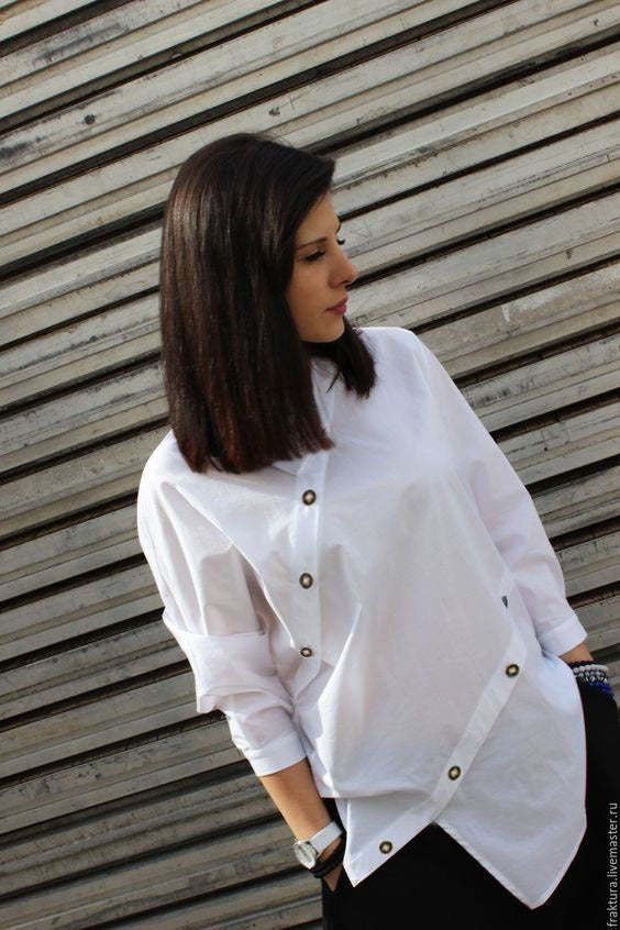 European and American women's fashion personalized button asymmetrical women's shirt long sleeved casual sloping collar top
