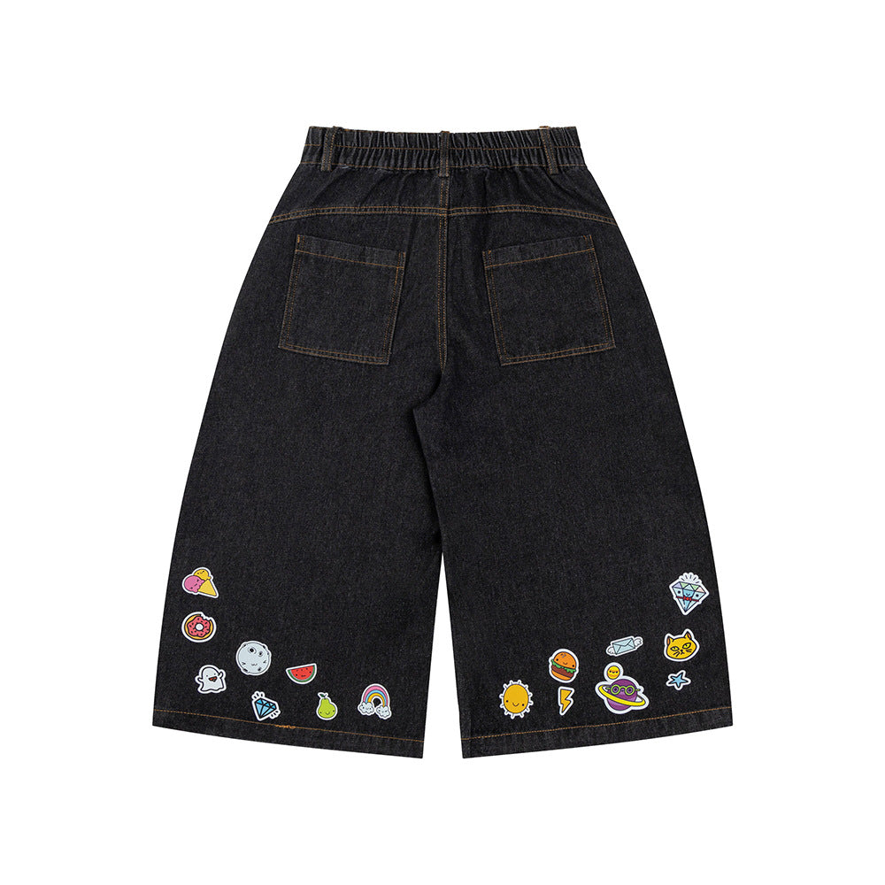 Cartoon sticker printed denim jeans for women