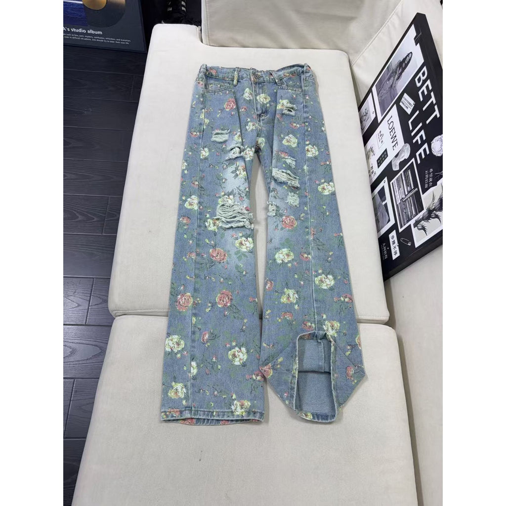 All-Over Floral Ripped Jeans for Men and Women