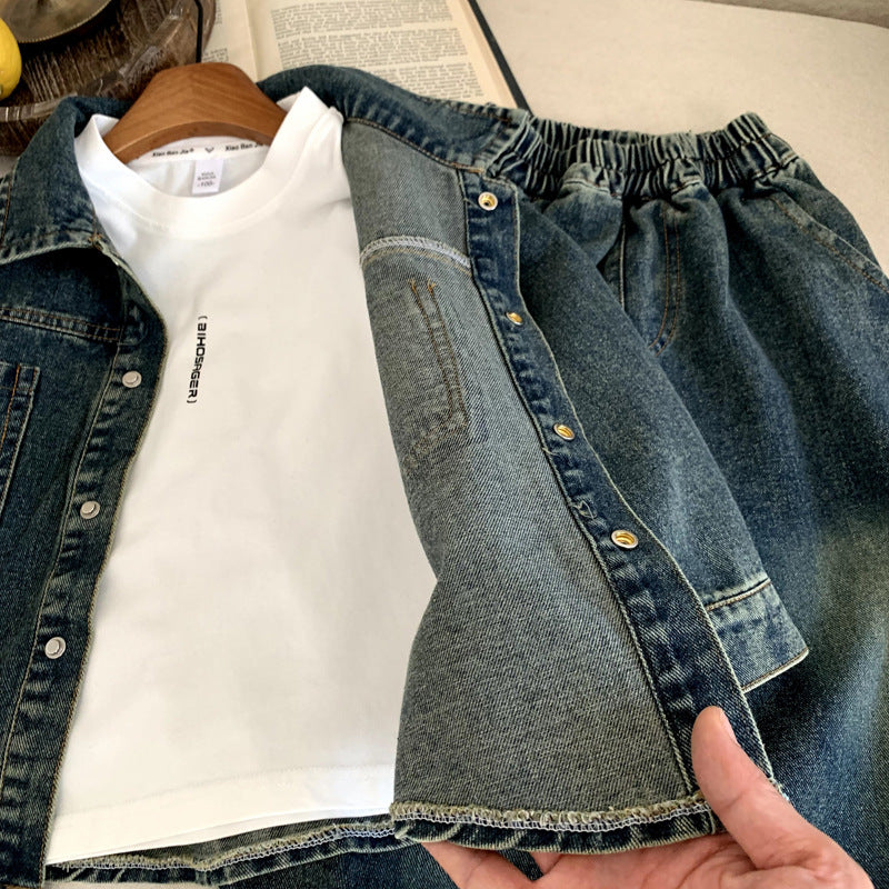 Two piece set of children's and baby's denim clothing