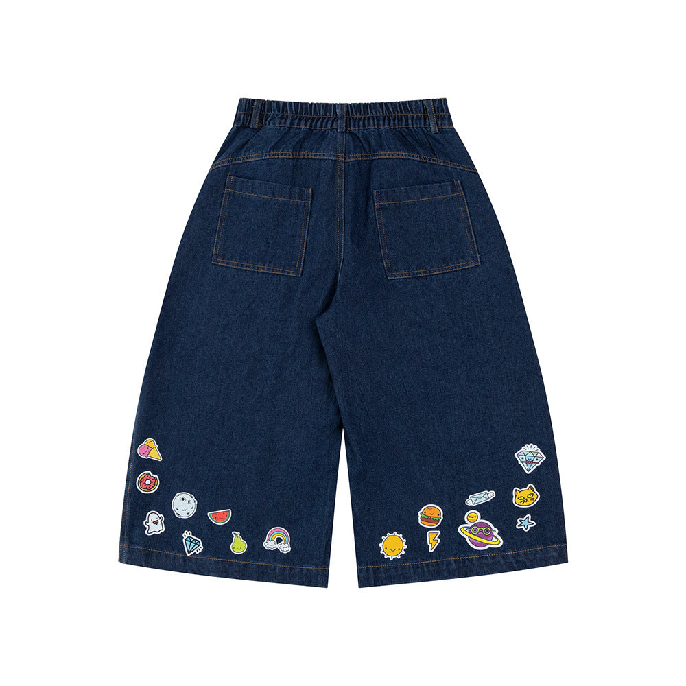 Cartoon sticker printed denim jeans for women
