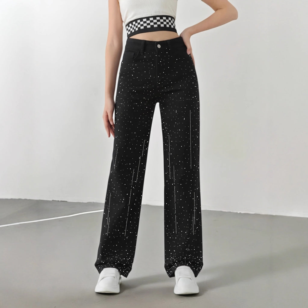 Jeans with Rhinestones Women High Waist Slimming Wide Leg Jeans  Jeans