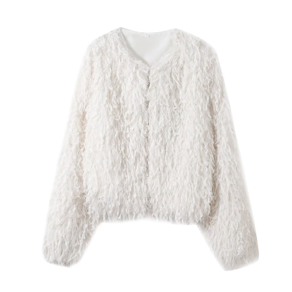 Round neck long sleeved feathered metal wire white jacket for women