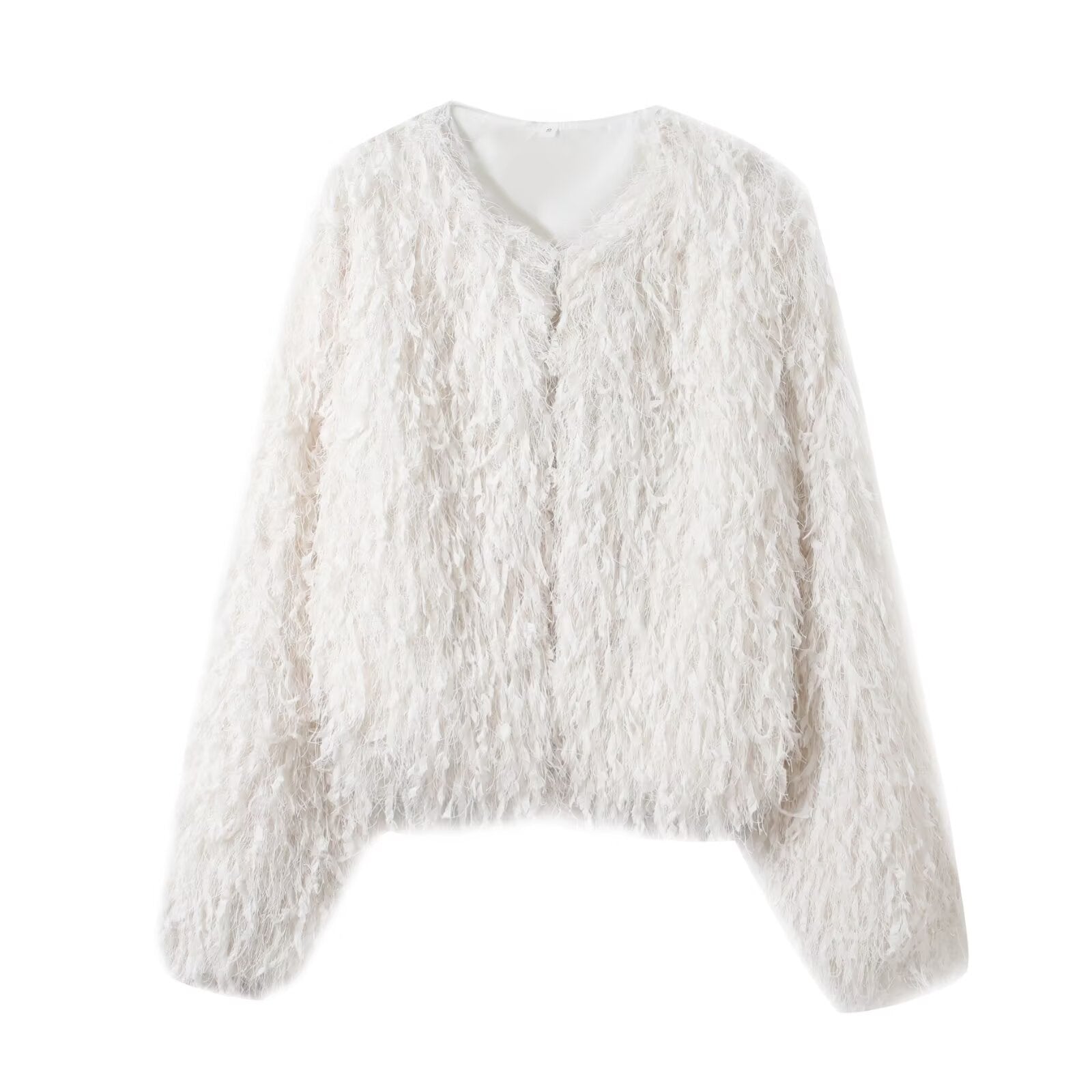 Round neck long sleeved feathered metal wire white jacket for women