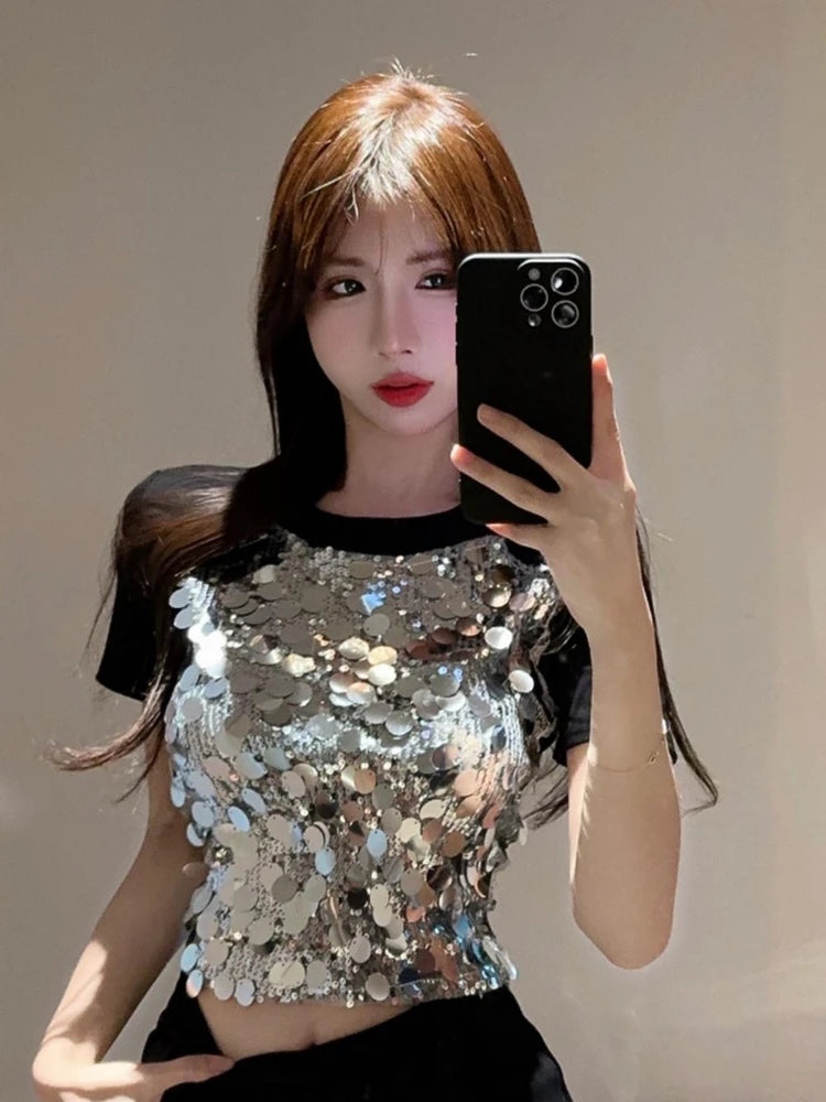 Rhinestone Slim Black Tops Woman Sexy Crop Clearance Y2k Fashion Korea Pulovers Trending Clothing Vintage Kpop T Shirt for Women