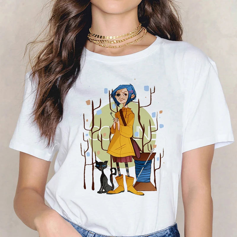 Fashion Horror Movie Tee Shirt Coraline Doll Dreams Y2k T-shirt Women Vintage Gothic Tshirt Halloween Graphic Tops Clothes