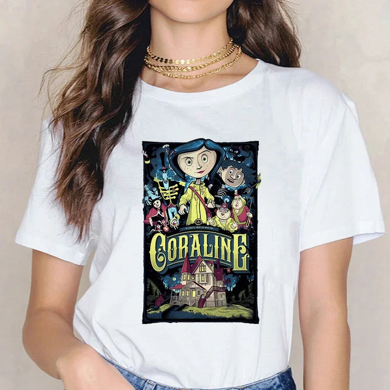Fashion Horror Movie Tee Shirt Coraline Doll Dreams Y2k T-shirt Women Vintage Gothic Tshirt Halloween Graphic Tops Clothes