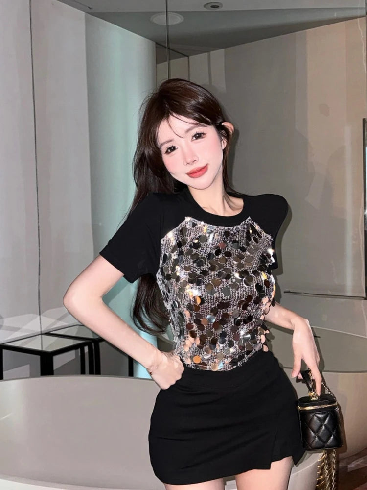 Rhinestone Slim Black Tops Woman Sexy Crop Clearance Y2k Fashion Korea Pulovers Trending Clothing Vintage Kpop T Shirt for Women