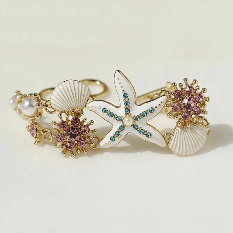 Exaggerated Metal Starfish Shell Open Cuff Bangle European American Y2K Trend Bracelet For Women Summer Beach Party Fashion Jewelry Gift