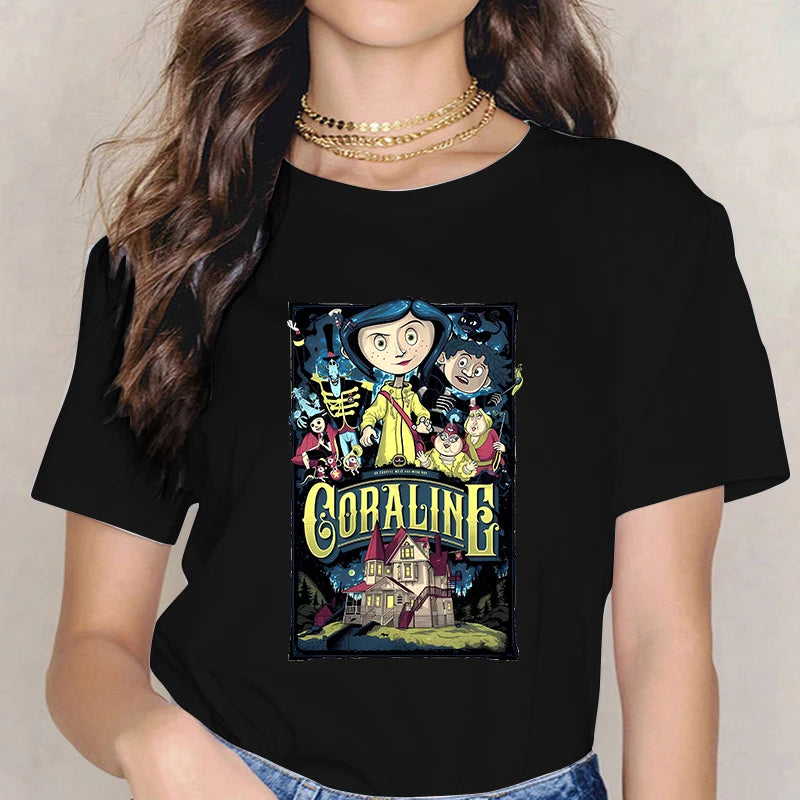 Fashion Horror Movie Tee Shirt Coraline Doll Dreams Y2k T-shirt Women Vintage Gothic Tshirt Halloween Graphic Tops Clothes