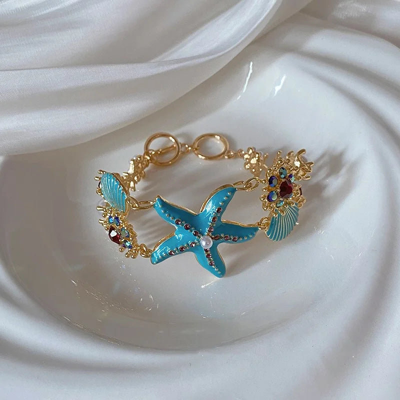 Exaggerated Metal Starfish Shell Open Cuff Bangle European American Y2K Trend Bracelet For Women Summer Beach Party Fashion Jewelry Gift