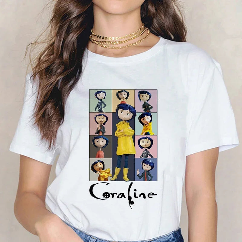 Fashion Horror Movie Tee Shirt Coraline Doll Dreams Y2k T-shirt Women Vintage Gothic Tshirt Halloween Graphic Tops Clothes