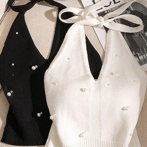 1pc Fashion French Beaded Halter Neck Tie Knot Backless Knitted Vest For Women