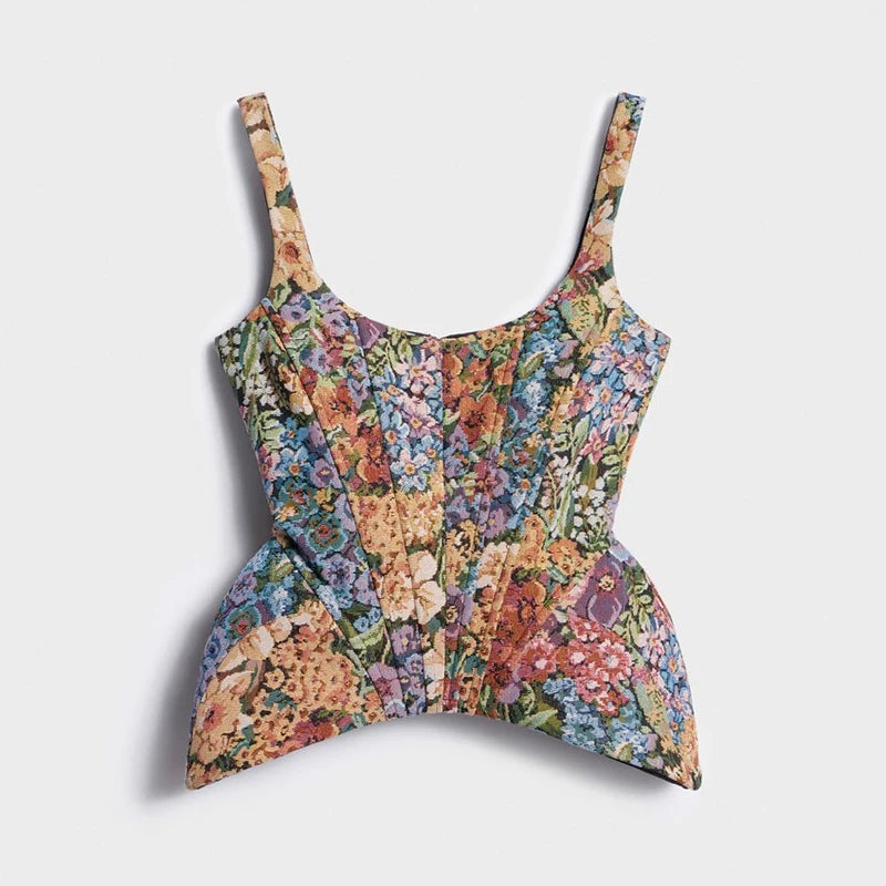 Chic Floral Printed Cami Corset Top Thin Straps U Neck Structured Waist Pointed Hem Vintage 2026 Spring Summer Vacation Lady Top