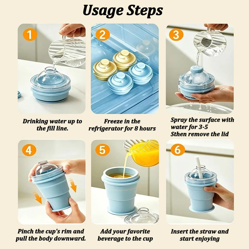 Portable Foldable Ice Ball Cup Food Grade Silicone Ice Ball Mold with Straw for Whiskey Cocktails Reusable Travel Water Bottle