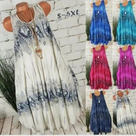 Women Dresses 2026 Summer fashion floral digital printed sleeveless mid calf dresses women's clothing vestidoes