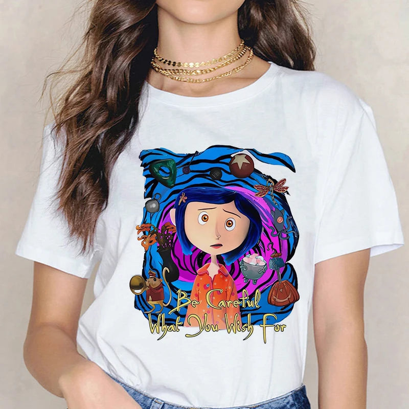 Fashion Horror Movie Tee Shirt Coraline Doll Dreams Y2k T-shirt Women Vintage Gothic Tshirt Halloween Graphic Tops Clothes