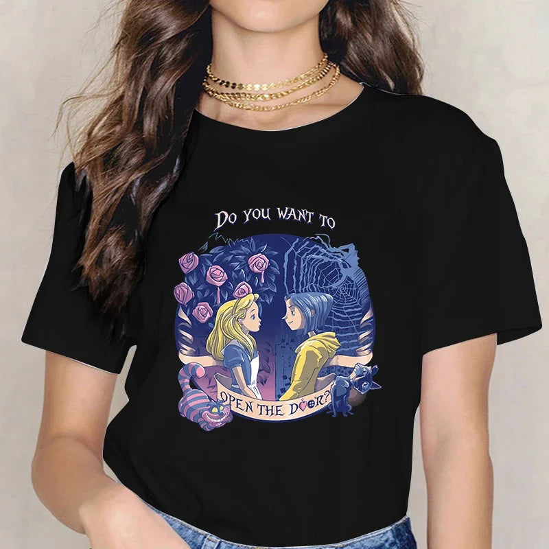 Fashion Horror Movie Tee Shirt Coraline Doll Dreams Y2k T-shirt Women Vintage Gothic Tshirt Halloween Graphic Tops Clothes