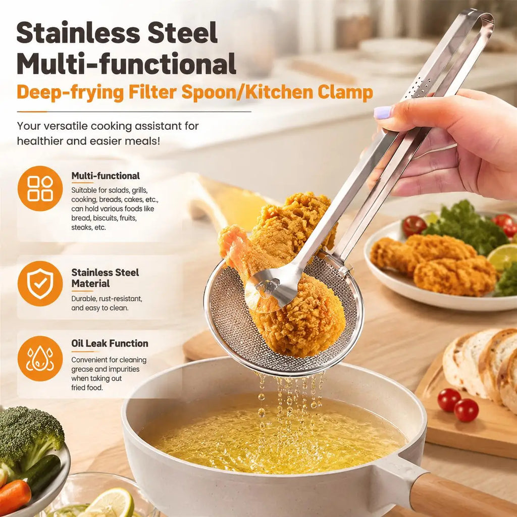 Premium Durable Stainless Steel Fine Mesh Strainer Spoon with Clip Multifunctional Kitchen Oil Filter Colander Tong Cooking Utensil Heat Resistant Kitchenware Gadget for Fried Food Salad BBQ Serving Tong Supplies