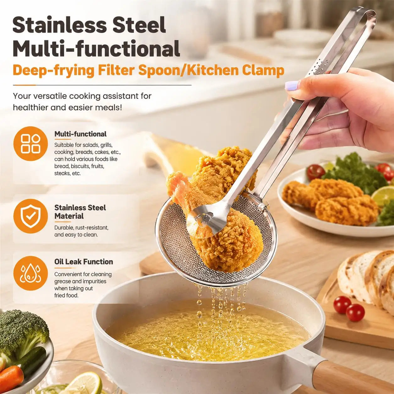 Premium Durable Stainless Steel Fine Mesh Strainer Spoon with Clip Multifunctional Kitchen Oil Filter Colander Tong Cooking Utensil Heat Resistant Kitchenware Gadget for Fried Food Salad BBQ Serving Tong Supplies