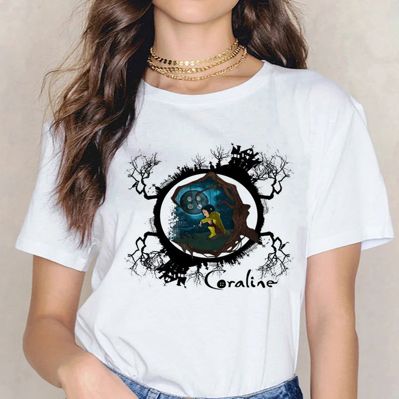 Fashion Horror Movie Tee Shirt Coraline Doll Dreams Y2k T-shirt Women Vintage Gothic Tshirt Halloween Graphic Tops Clothes