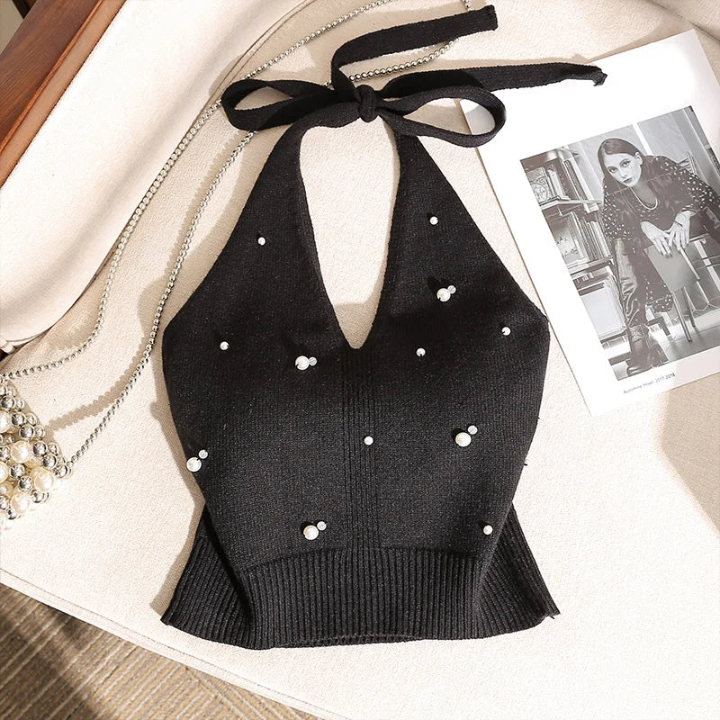 1pc Fashion French Beaded Halter Neck Tie Knot Backless Knitted Vest For Women