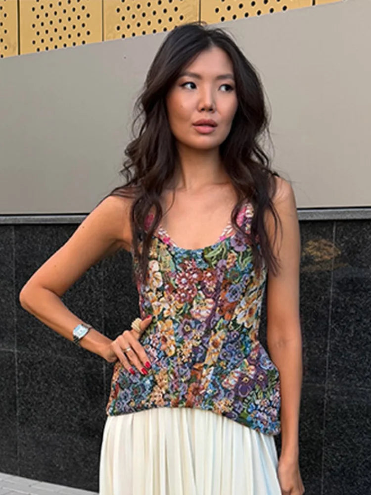 Chic Floral Printed Cami Corset Top Thin Straps U Neck Structured Waist Pointed Hem Vintage 2026 Spring Summer Vacation Lady Top