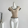 Women's Short Sleeve Ribbed Knit Top with Bow Front Pointelle Fitted Crop Shirt Teen-girl Balletcore Y2K 90s Basic Outfit