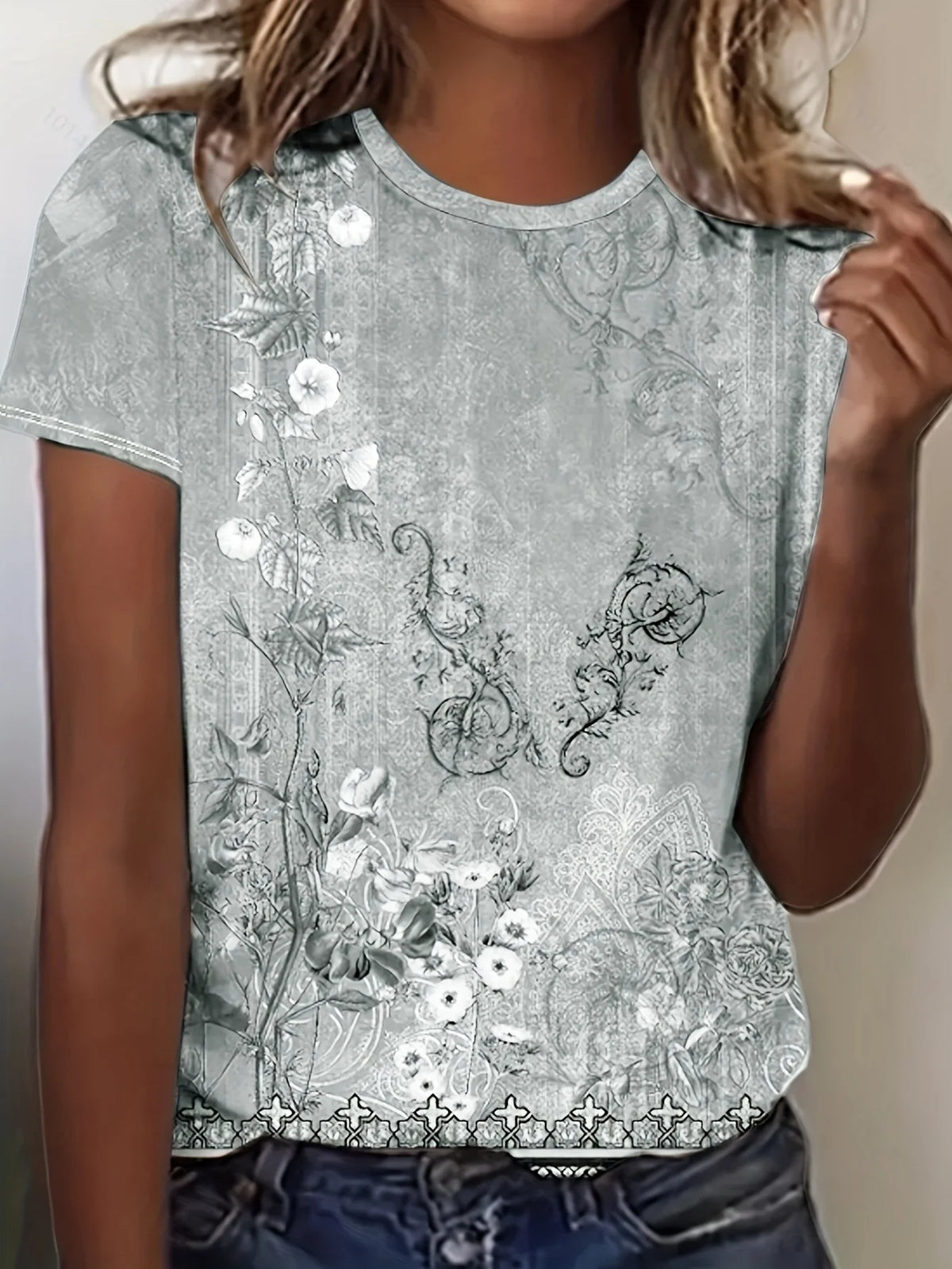 Women's Tee - Vintage Floral Lace Pattern Graphic, Elegant Retro Print Design for Casual Daily Wear