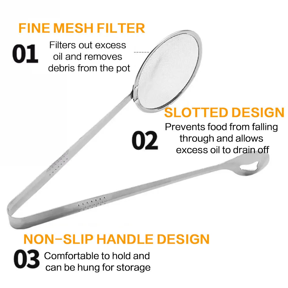 Premium Durable Stainless Steel Fine Mesh Strainer Spoon with Clip Multifunctional Kitchen Oil Filter Colander Tong Cooking Utensil Heat Resistant Kitchenware Gadget for Fried Food Salad BBQ Serving Tong Supplies