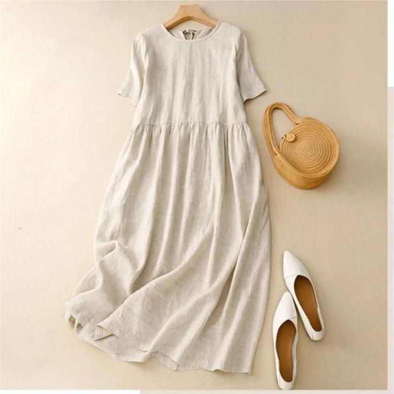 Summer Cotton Linen Blended Thin And Breathable Dress Women Literary Big Swing Short Sleeve Solid Loose Casual Female Dresses