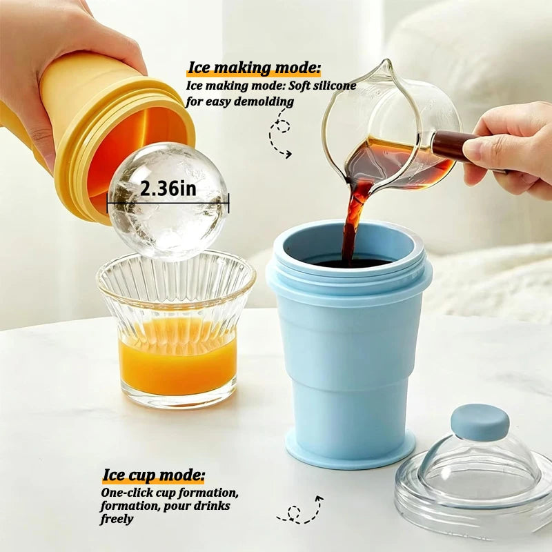 Portable Foldable Ice Ball Cup Food Grade Silicone Ice Ball Mold with Straw for Whiskey Cocktails Reusable Travel Water Bottle