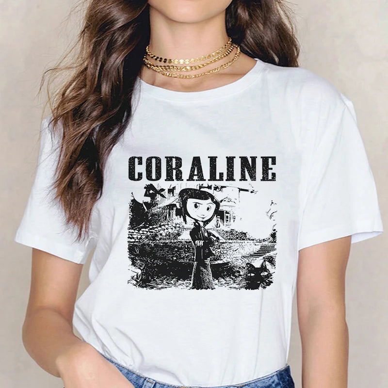 Fashion Horror Movie Tee Shirt Coraline Doll Dreams Y2k T-shirt Women Vintage Gothic Tshirt Halloween Graphic Tops Clothes