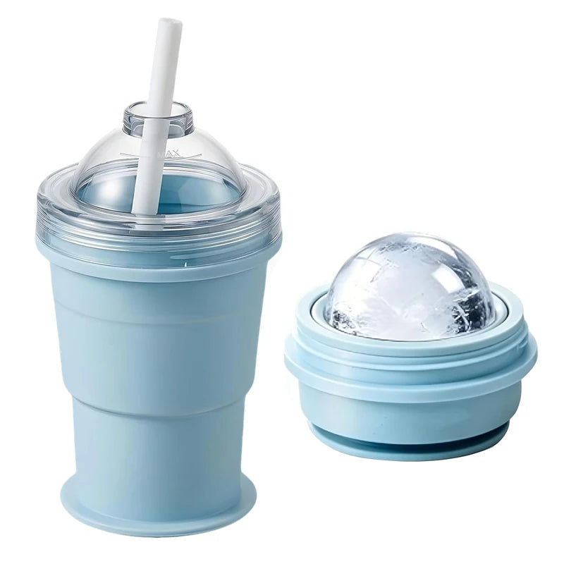 Portable Foldable Ice Ball Cup Food Grade Silicone Ice Ball Mold with Straw for Whiskey Cocktails Reusable Travel Water Bottle