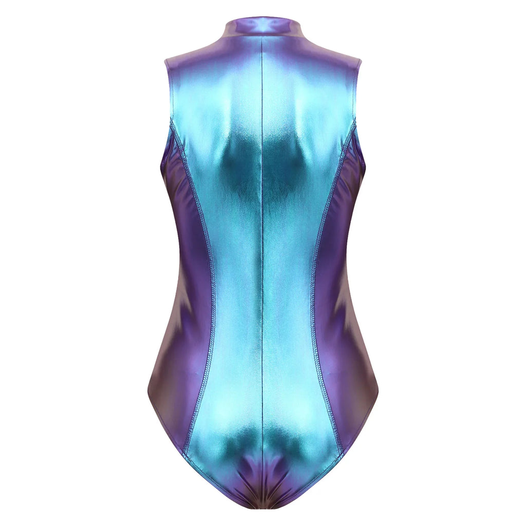Womens Shiny Metallic Sleeveless Bodysuit Holographic Mock Neck Front Zipper High Cut Leotard Rave Festival Outfits Clubwear