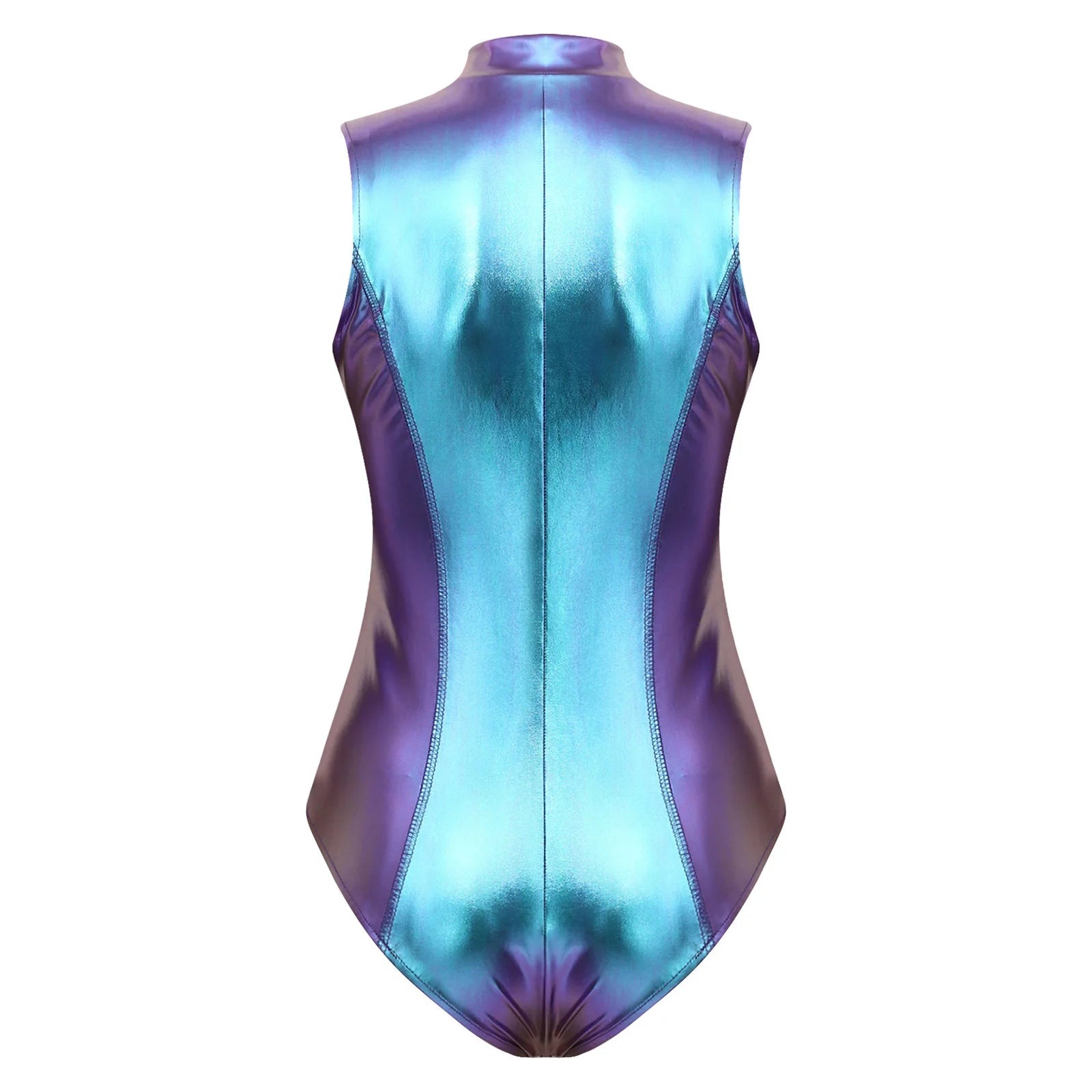 Womens Shiny Metallic Sleeveless Bodysuit Holographic Mock Neck Front Zipper High Cut Leotard Rave Festival Outfits Clubwear