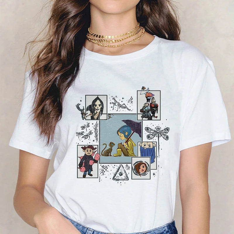 Fashion Horror Movie Tee Shirt Coraline Doll Dreams Y2k T-shirt Women Vintage Gothic Tshirt Halloween Graphic Tops Clothes
