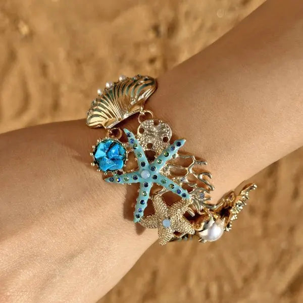 Exaggerated Metal Starfish Shell Open Cuff Bangle European American Y2K Trend Bracelet For Women Summer Beach Party Fashion Jewelry Gift