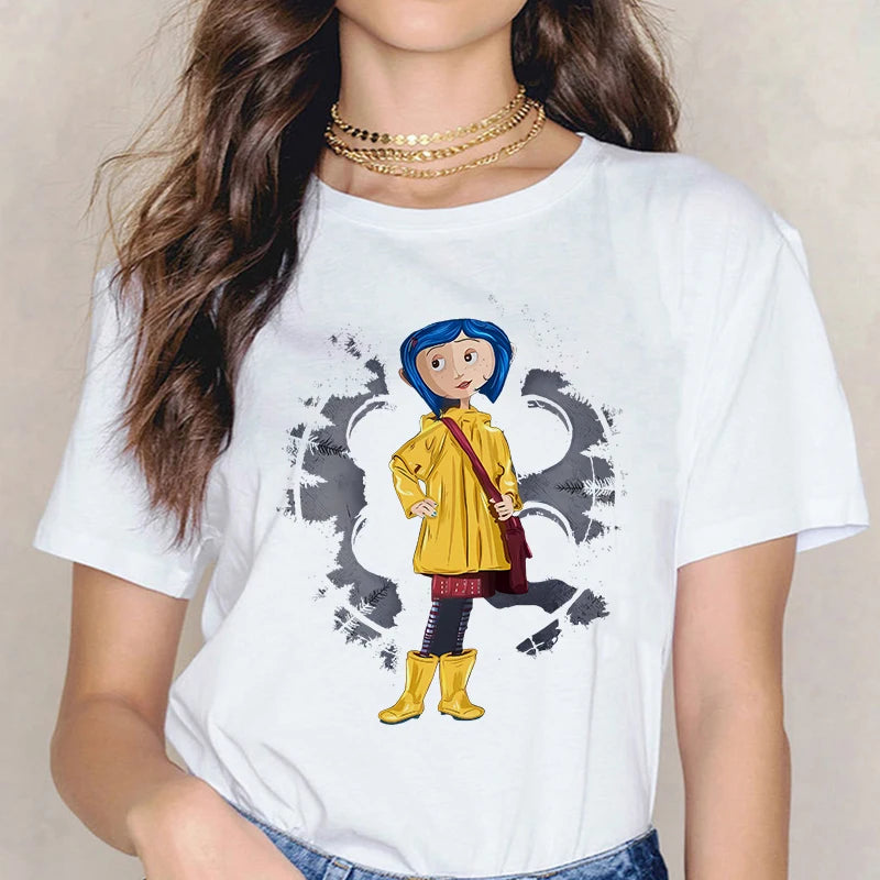 Fashion Horror Movie Tee Shirt Coraline Doll Dreams Y2k T-shirt Women Vintage Gothic Tshirt Halloween Graphic Tops Clothes