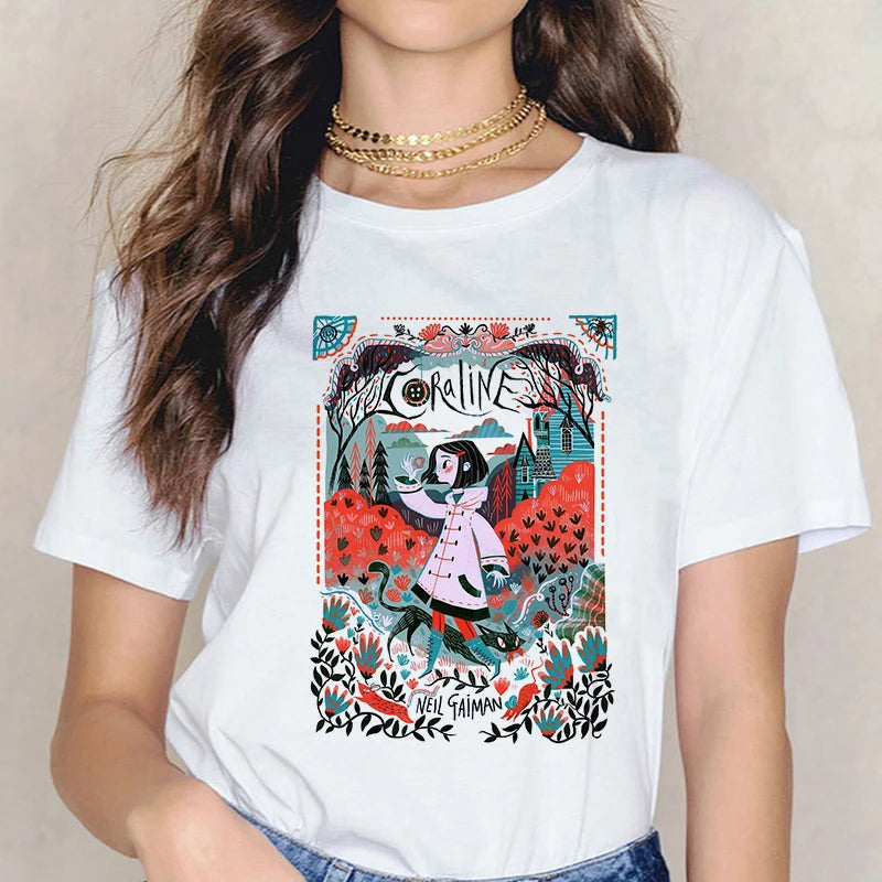 Fashion Horror Movie Tee Shirt Coraline Doll Dreams Y2k T-shirt Women Vintage Gothic Tshirt Halloween Graphic Tops Clothes