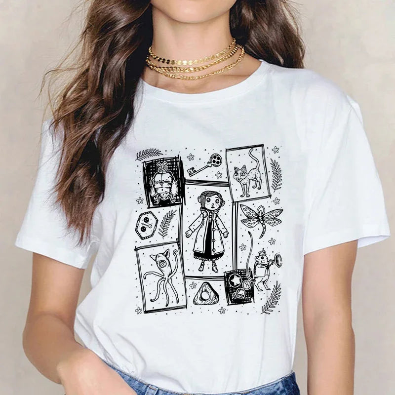 Fashion Horror Movie Tee Shirt Coraline Doll Dreams Y2k T-shirt Women Vintage Gothic Tshirt Halloween Graphic Tops Clothes