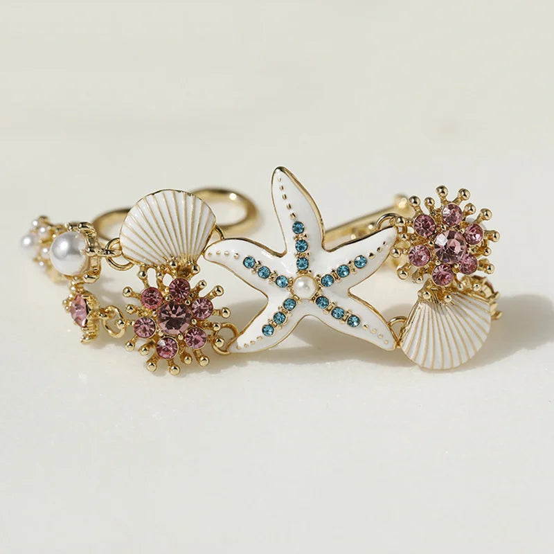 Exaggerated Metal Starfish Shell Open Cuff Bangle European American Y2K Trend Bracelet For Women Summer Beach Party Fashion Jewelry Gift