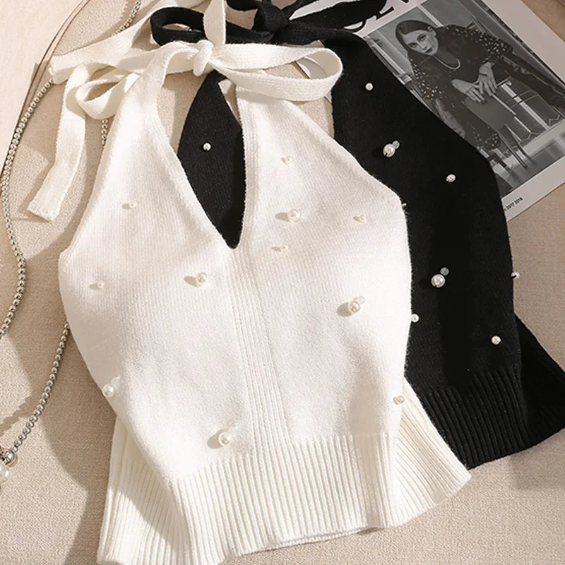 1pc Fashion French Beaded Halter Neck Tie Knot Backless Knitted Vest For Women