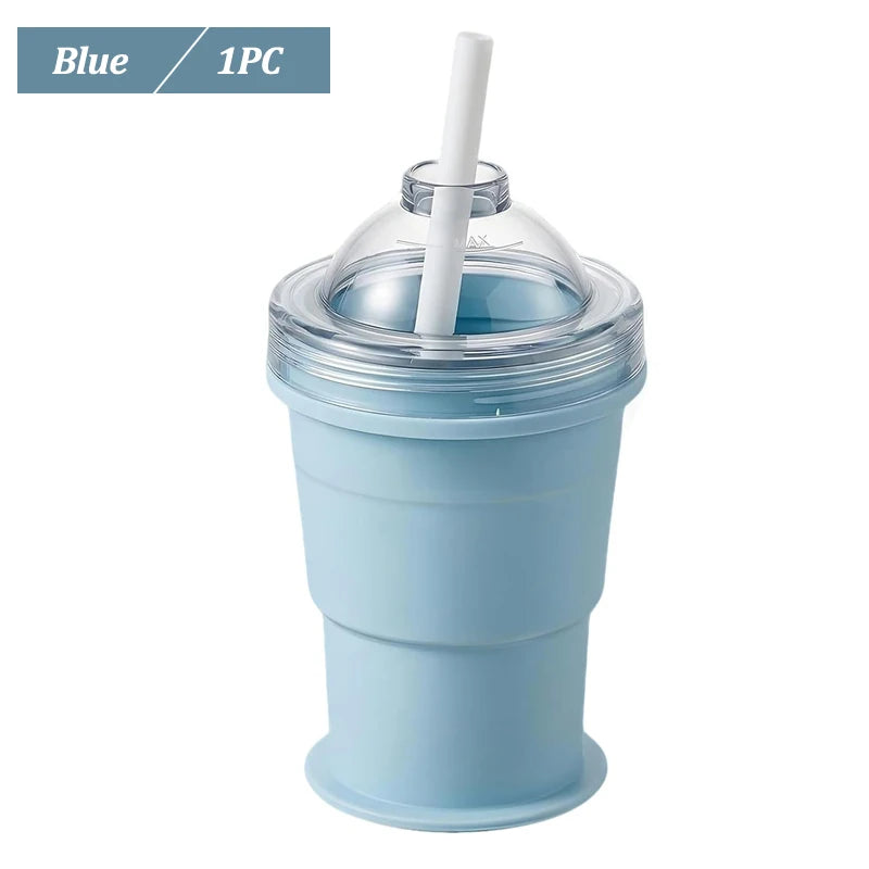 Portable Foldable Ice Ball Cup Food Grade Silicone Ice Ball Mold with Straw for Whiskey Cocktails Reusable Travel Water Bottle