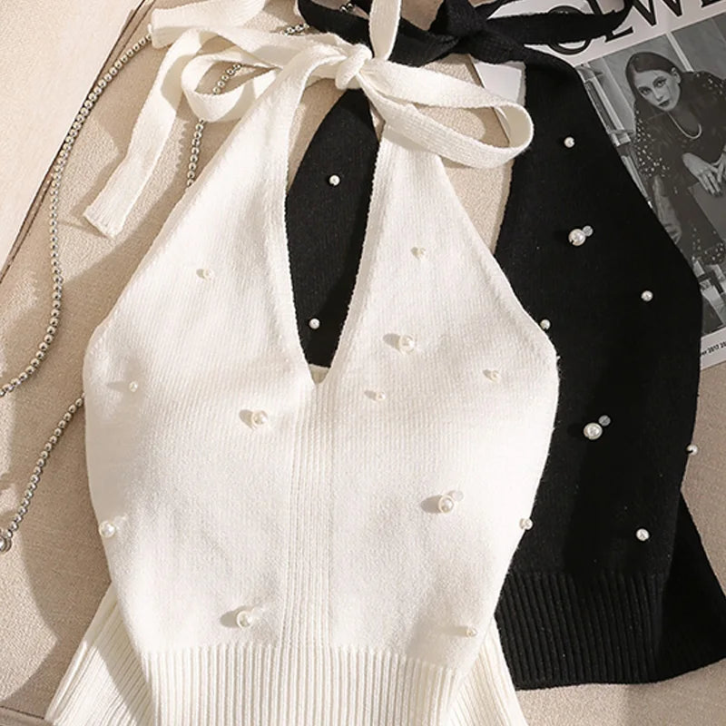 1pc Fashion French Beaded Halter Neck Tie Knot Backless Knitted Vest For Women