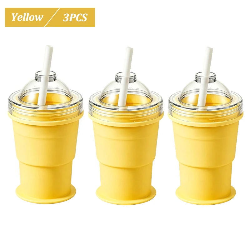 Portable Foldable Ice Ball Cup Food Grade Silicone Ice Ball Mold with Straw for Whiskey Cocktails Reusable Travel Water Bottle