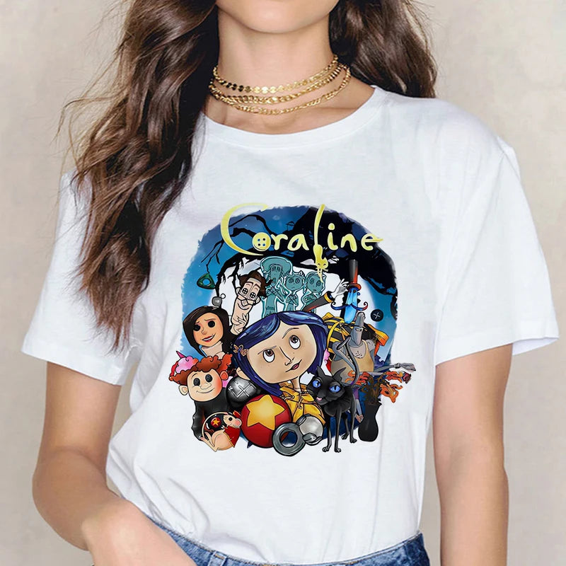 Fashion Horror Movie Tee Shirt Coraline Doll Dreams Y2k T-shirt Women Vintage Gothic Tshirt Halloween Graphic Tops Clothes