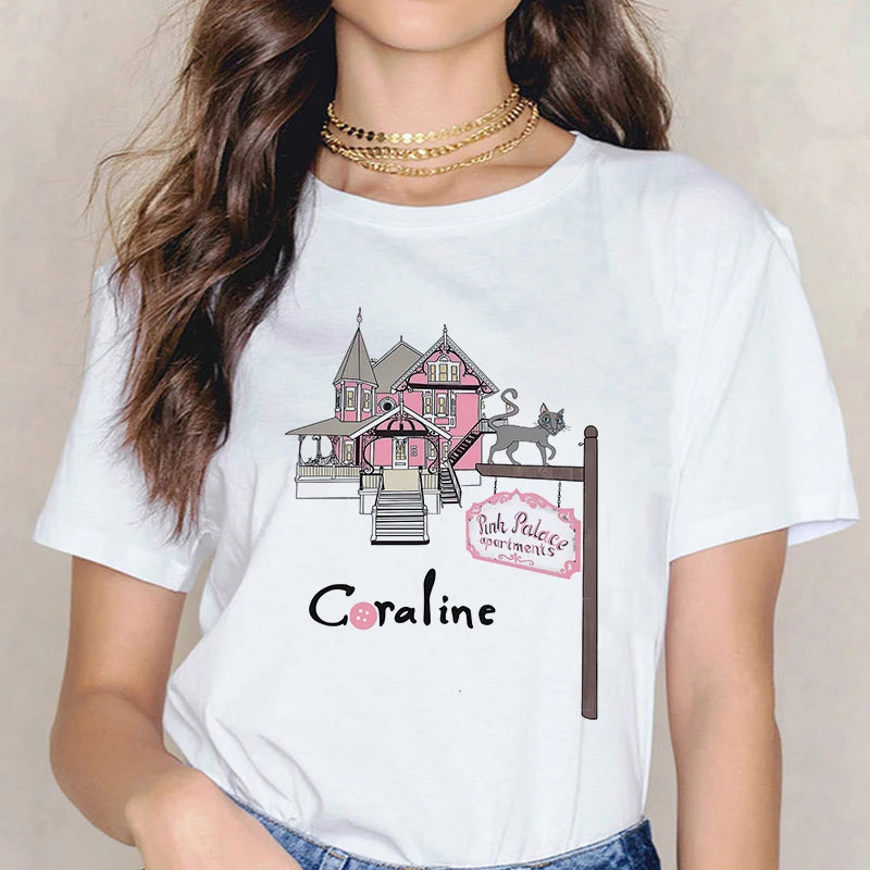 Fashion Horror Movie Tee Shirt Coraline Doll Dreams Y2k T-shirt Women Vintage Gothic Tshirt Halloween Graphic Tops Clothes