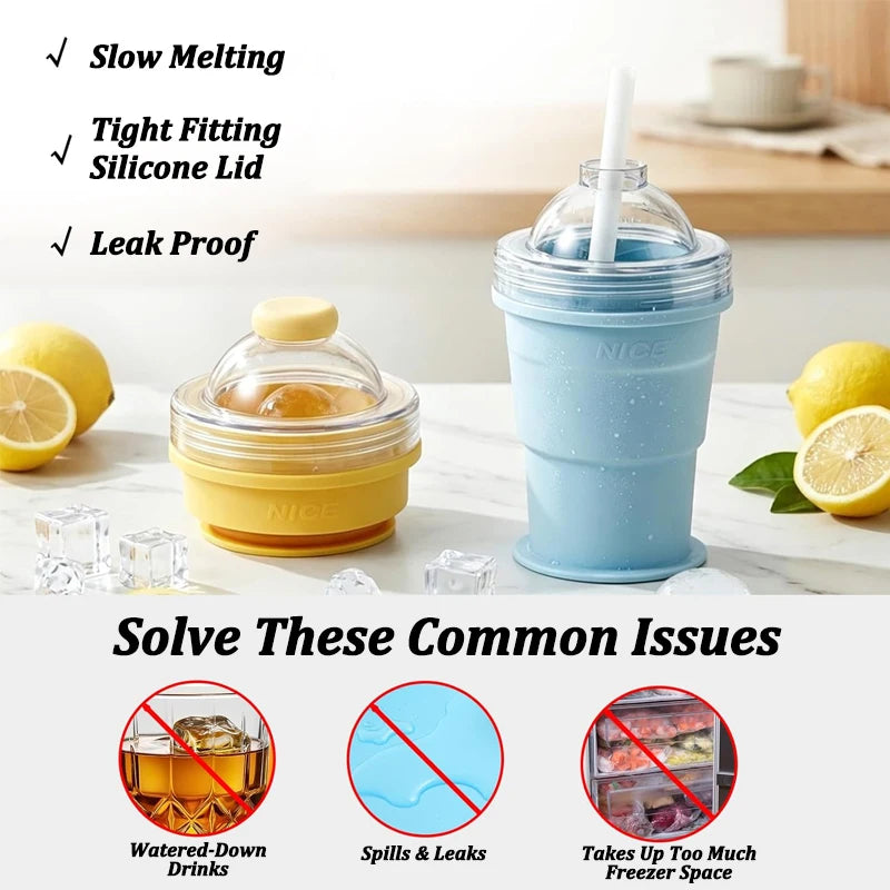 Portable Foldable Ice Ball Cup Food Grade Silicone Ice Ball Mold with Straw for Whiskey Cocktails Reusable Travel Water Bottle