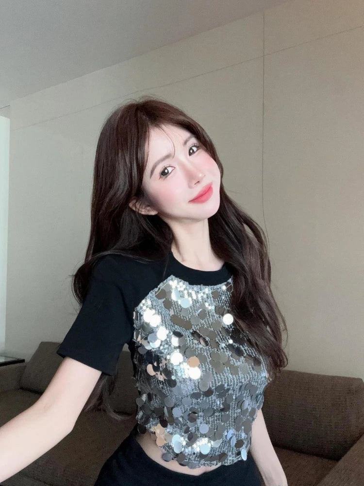 Rhinestone Slim Black Tops Woman Sexy Crop Clearance Y2k Fashion Korea Pulovers Trending Clothing Vintage Kpop T Shirt for Women